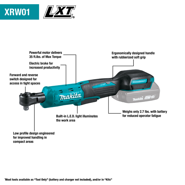 Makita 18V (XRW01Z) LXT Lithium-Ion Cordless 3/8" / 1/4" Sq. Drive Ratchet (Bare Tool)