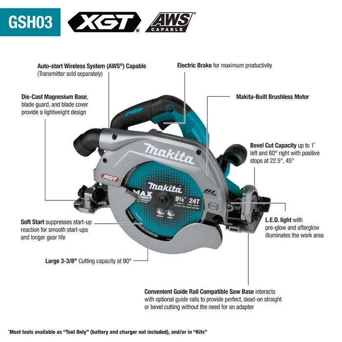 Makita 40V Max XGT 9‑1/4" Circular Saw with Guide Rail Compatible Base (Bare Tool)