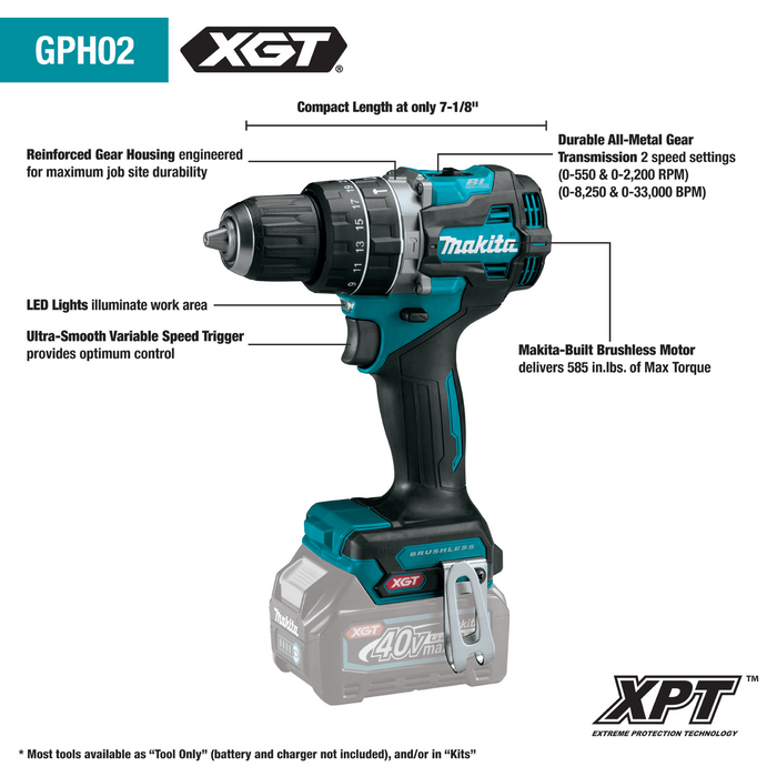 Makita 40V MAX XGT Compact Brushless Cordless 1/2" Hammer Driver-Drill Kit (2.5Ah)