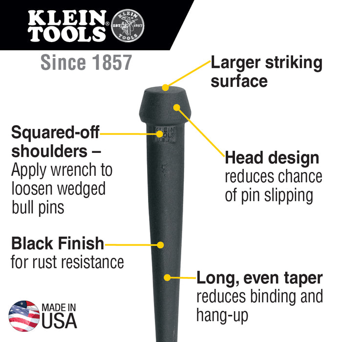 Klein Tools 3255 Bull Pin, Made in USA, Broad Head Bull Pin Resists Corrosion and Mushrooming, Heat Treated Steel with Black Finish, 1-1/4-Inch