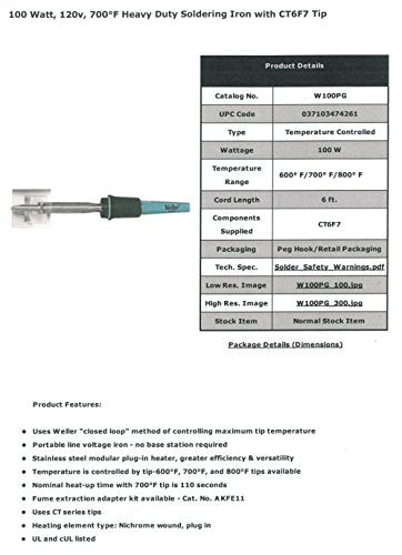 Weller W100PG Weller Farenheit Heavy Duty Soldering Iron with CT6F7 Tip, 100 Watt, 700 Degree, Original Version