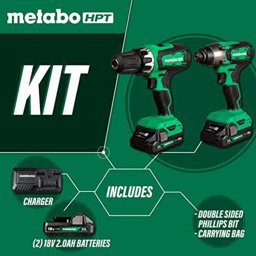 Metabo HPT 18V Multi-Volt Hammer Drill and Impact Driver Combo Kit | Cordless | 2-2.0Ah Li-Ion Batteries w/Fuel Gauge | Lifetime Tool Warranty | KC18DFX