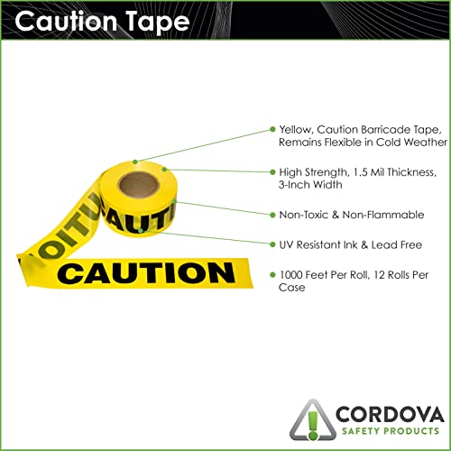 Cordova Pro Pack Yellow Caution Barricade Tape, 3 in. x 1000 ft. Roll, 12-Pack