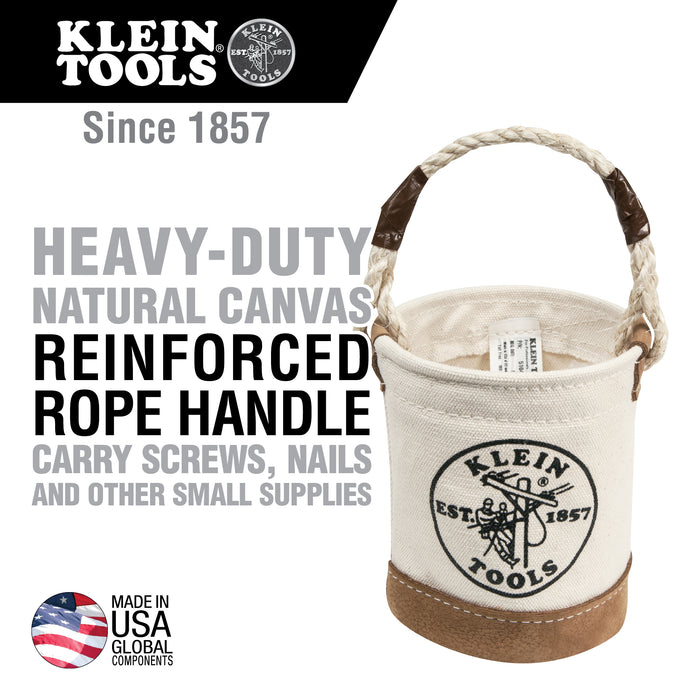 Klein Tools 5104MINI Mini Tool Bucket, All-Purpose Tool Bucket with Leather-Bottom, Nuts and Bolt Bag with Reinforced Rope Handle, Small Utility Pouch