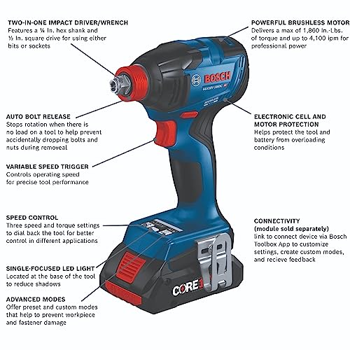 Bosch 18V 2-Tool Combo Kit with 1/2 In. Hammer Drill/Driver, 1/4 In. and 1/2 In. Two-In-One Bit/Socket Impact Driver, (1) CORE18V 8Ah Battery and (1) CORE18V 4Ah Battery