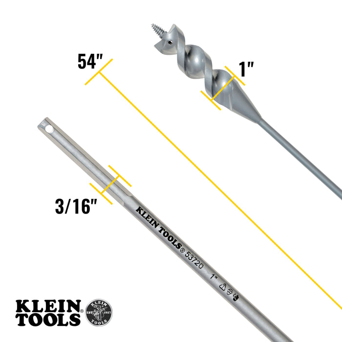 Klein Tools 53720 Flex Bit Auger with Screw Point, 1-Inch x 54-Inch Long Flexible Drill Bit / Fish Bit for Pulling Wire Behind Walls