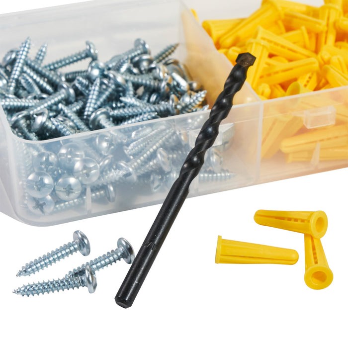 Klein Tools 53729 Conical Anchor Kit, 100 Anchors, 100 #2 Phillips, 1/4 Inch Masonry Drill Bit, Drywall and Masonry