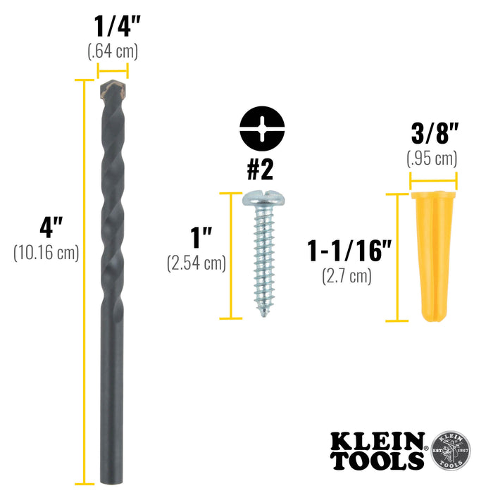 Klein Tools 53729 Conical Anchor Kit, 100 Anchors, 100 #2 Phillips, 1/4 Inch Masonry Drill Bit, Drywall and Masonry