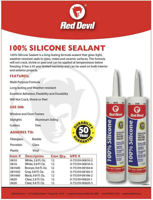 Red Devil 0826 100% Silicone Sealant Architectural Grade, Silicone Architectural Grade RTV Sealant, A Water-Resistant Adhesive for Interior and Exterior Use, 9.8 oz. Tube, Clear, 1-Pack