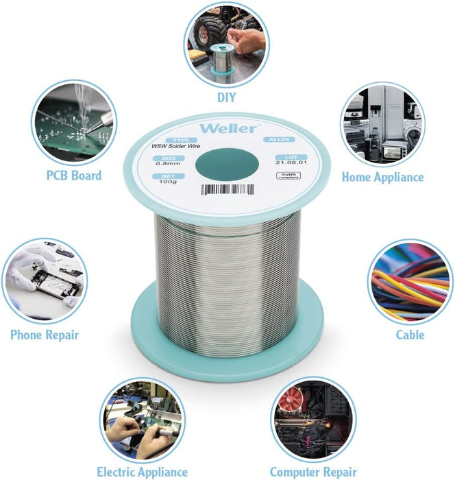 Weller WSW SCN M1 (T0051404799) Solder Wire, Dia: 0.5 mm / 0.020 in, Wt: 100 g / 3.527 oz, Alloy Sn99.3Cu0.6Ni0.05, Flux content 3.5%