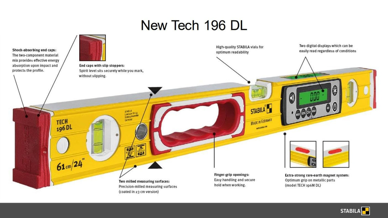 STABILA 48 In. 196 DL IP67 Digital Tech Level with Case, Yellow