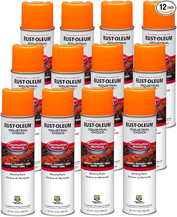 Rust-Oleum 12PK Industrial Choice M1400 System Water-Based Construction Marking Paint, 17 oz, Fluorescent Orange, 12 Pack