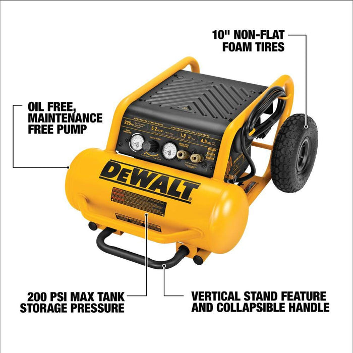 DeWALT 1.6 Hp Continuous 200 Psi, 4.5 Gallon Compressor, 17" x 33.75" x 24.5"