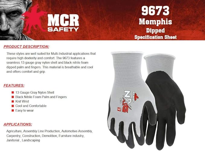 MCR Safety 9673 NXG 13 Gauge Gray Nylon Black Nitrile Foam Coated Palm, Work Gloves (12 Pair) (Large)