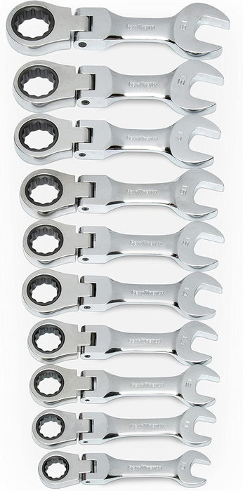 GEARWRENCH 10 Pc. 12 Pt. Stubby Flex Head Ratcheting Combination Wrench Set, Metric - 9550