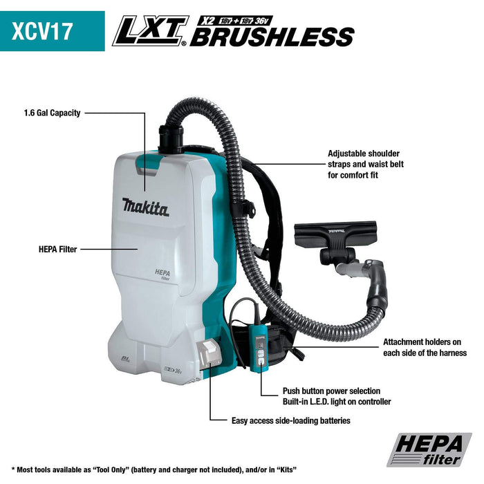 Makita 18V X2 LXT Lithium-Ion (36V) Brushless Cordless 1.6 Gallon HEPA Filter Backpack Dry Vacuum (6.0Ah)