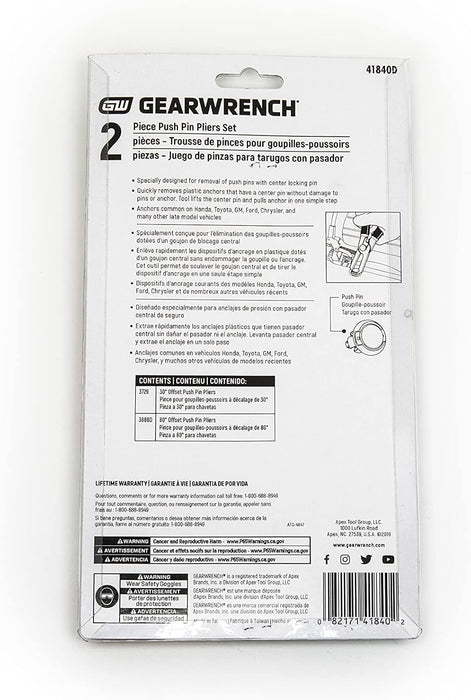 GEARWRENCH 2 Pc. 30 & 80 Push Pin Plier Set - 41840D