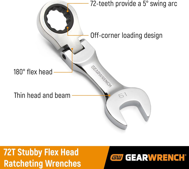 GEARWRENCH 10 Pc. 12 Pt. Stubby Flex Head Ratcheting Combination Wrench Set, Metric - 9550