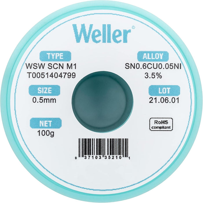 Weller WSW SCN M1 (T0051404799) Solder Wire, Dia: 0.5 mm / 0.020 in, Wt: 100 g / 3.527 oz, Alloy Sn99.3Cu0.6Ni0.05, Flux content 3.5%