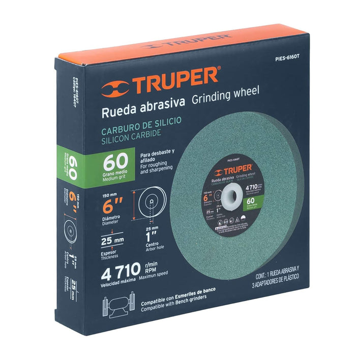 Truper 6" Silicon Carbide Bench Grinding Wheels. Grit=60, Thickness=1", Drill=1". 1 Pack