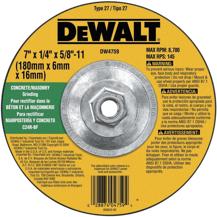 DeWALT (DW4759) 7-Inch by 1/4-Inch by 5/8-Inch-11 Concrete/Masonry Grinding Wheel