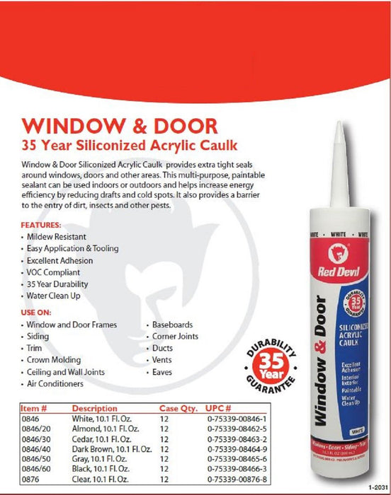 Red Devil 0846 Window & Door Siliconized Acrylic Caulk, White, 10.1 oz, Pack of 12