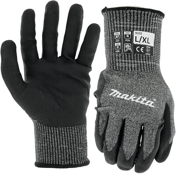 Makita Unisex Fitknit T 04145 Advanced FitKnit Cut Level 7 Nitrile Coated Dipped Gloves Large X Large, Gray/Black, Large X-Large US