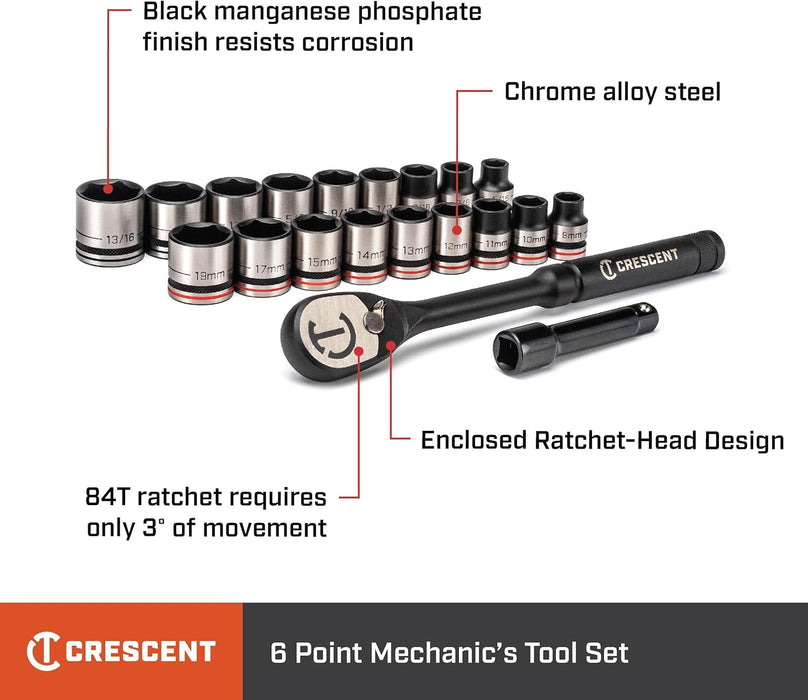 Crescent 20 Piece X10 3/8" Drive 6 Point Standard SAE/Metric Mechanics Tool Set - CSWS38B