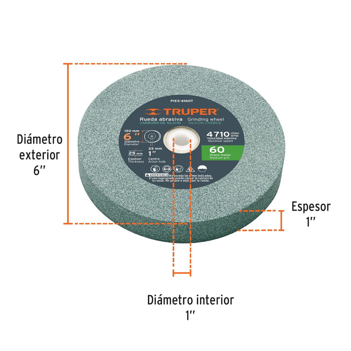 Truper 6" Silicon Carbide Bench Grinding Wheels. Grit=60, Thickness=1", Drill=1". 1 Pack