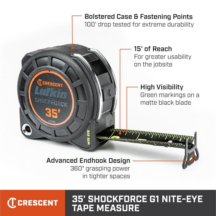 Crescent Lufkin 1-3/16" x 35' Shockforce Nite Eye G1 Dual Sided Tape Measure