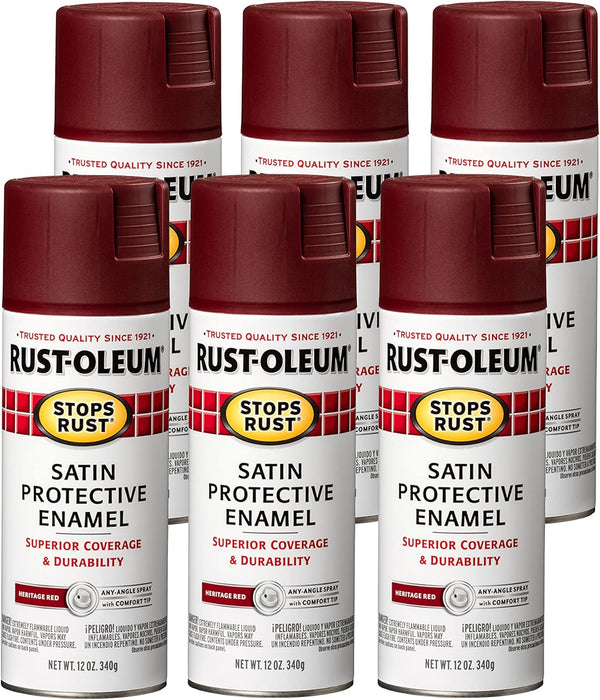 Rust-Oleum 6PK Stops Rust Spray Paint, 12 Oz, Satin Heritage Red, 6 Pack