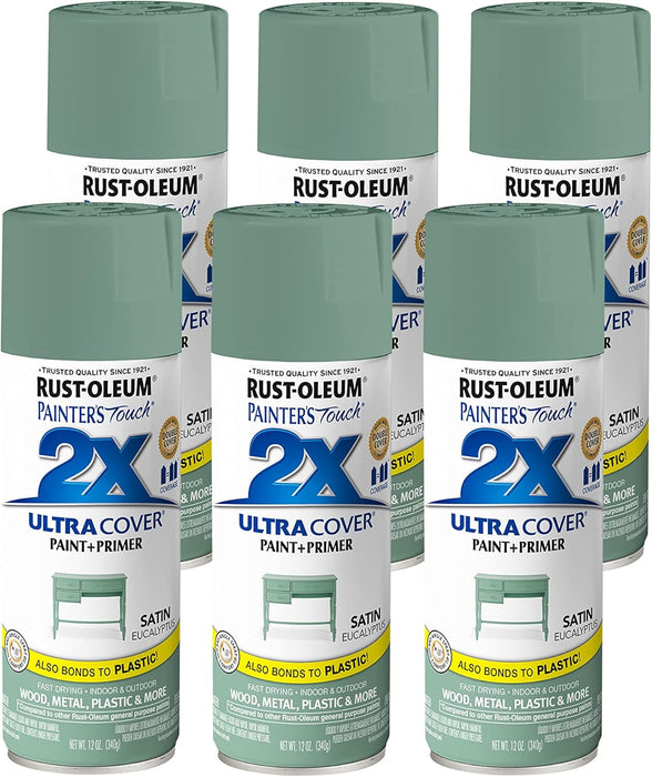 Rust-Oleum 6PK Painter's Touch 2X Ultra Cover Spray Paint, 12 oz, Satin Eucalyptus, 6 Pack