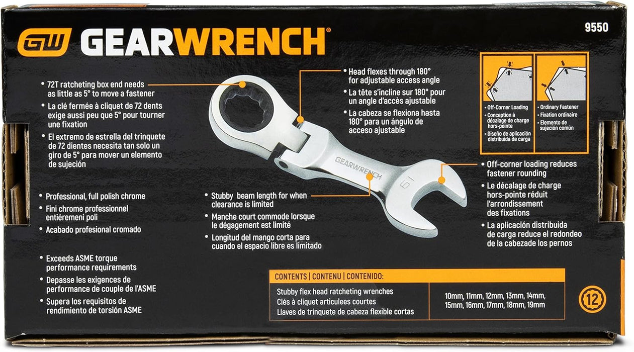 GEARWRENCH 10 Pc. 12 Pt. Stubby Flex Head Ratcheting Combination Wrench Set, Metric - 9550