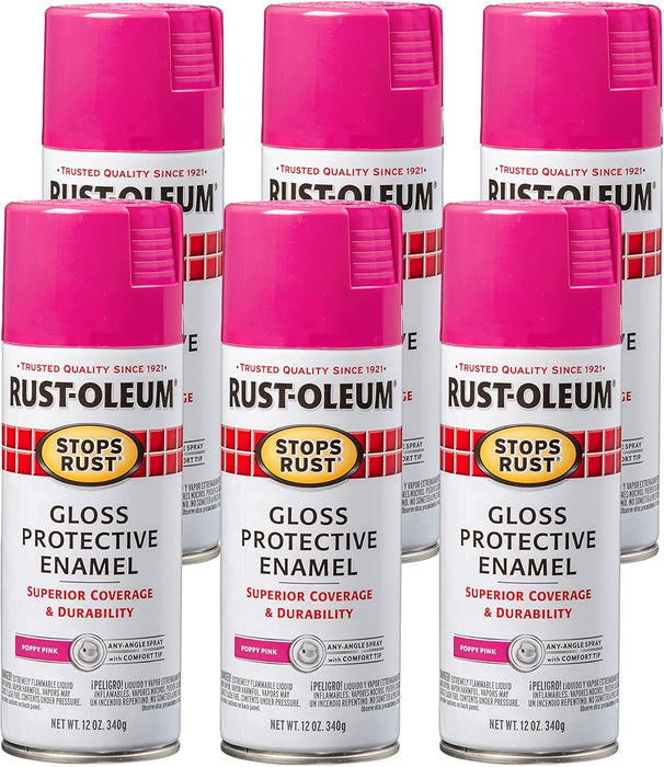 Rust-Oleum 6PK Stops Rust Spray Paint, 12 oz, Gloss Poppy Pink, 6 Pack