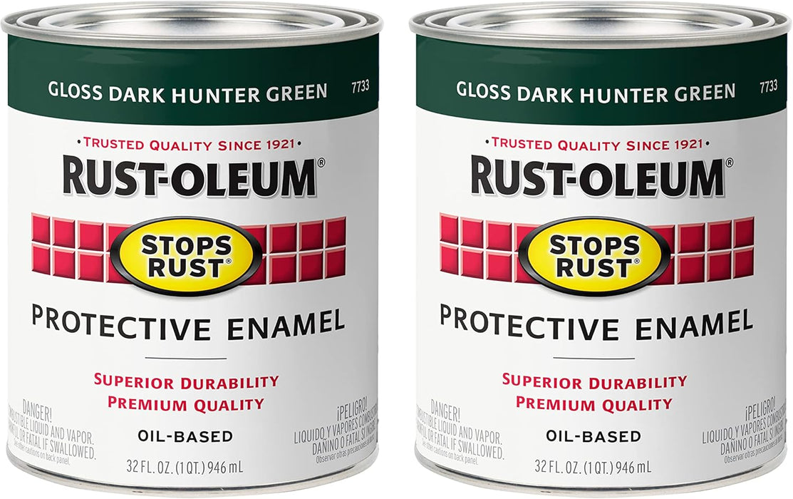 Rust-Oleum 2PK Stops Rust Brush On Paint, Quart (2 Pack), Gloss Dark Hunter Green, 64 Fl Oz