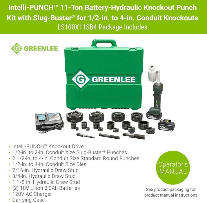 Greenlee LS100X11SB4 Intelli-PUNCH 11-Ton Battery-Hydraulic Knockout Punch Kit with Slug-Buster, 1/2" - 4"