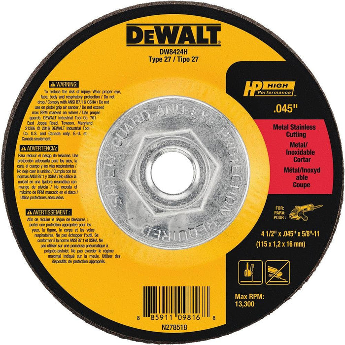 DeWALT (DW8424H) 4-1/2-Inch by 0.045-Inch by 5/8-Inch to 11-Inch Metal Cutting Wheel, Pack of 1