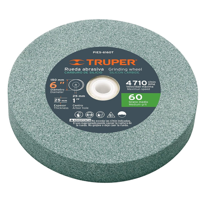 Truper 6" Silicon Carbide Bench Grinding Wheels. Grit=60, Thickness=1", Drill=1". 1 Pack