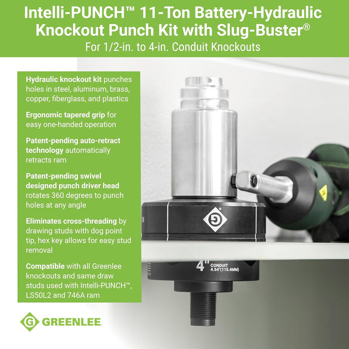 Greenlee LS100X11SB4 Intelli-PUNCH 11-Ton Battery-Hydraulic Knockout Punch Kit with Slug-Buster, 1/2" - 4"