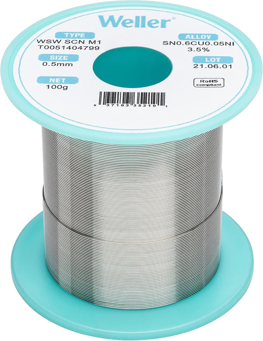 Weller WSW SCN M1 (T0051404799) Solder Wire, Dia: 0.5 mm / 0.020 in, Wt: 100 g / 3.527 oz, Alloy Sn99.3Cu0.6Ni0.05, Flux content 3.5%