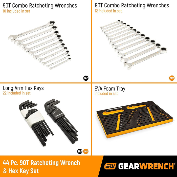 GEARWRENCH 44 Piece 90-Tooth SAE/Metric Ratcheting Wrench and Hex Key Set - 86528