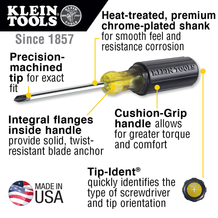 Klein Tools 85076 Screwdriver Set, Made in USA, Slotted and Phillips Screwdrivers with Non-Slip Cushion-Grip Handles and Tip-Ident, 7-Piece