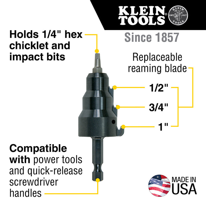 Klein Tools 85091 Power Conduit Reamer with Improved Bit Retention, 1/2-, 3/4- and 1-Inch, Made in USA