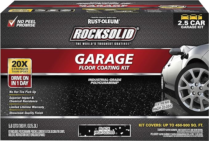 Rust-Oleum RockSolid Polycuramine Garage Floor Coating, 6 Piece Set, Black Gloss, 2.5 Car Kit