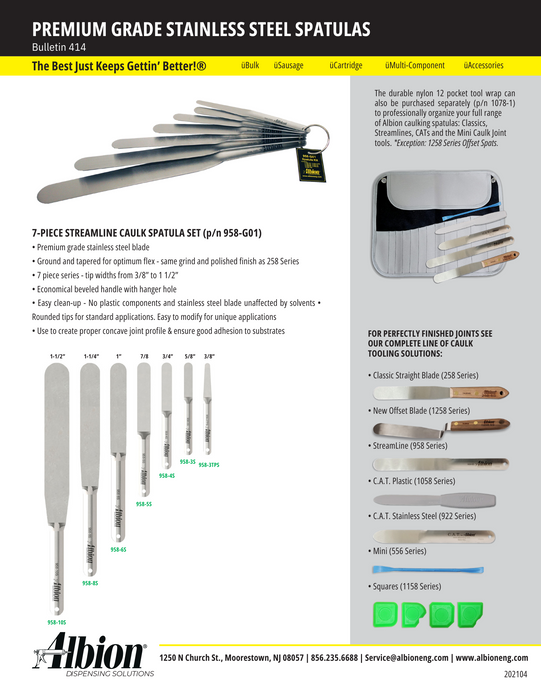 Albion Engineering 958-G01 Streamline Caulk Spatula 7-Piece Set Contractor Tool Supply