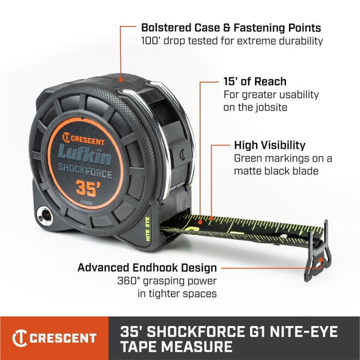 Crescent Lufkin 1-3/16" x 35' Shockforce Nite Eye G1 Dual Sided Tape Measure
