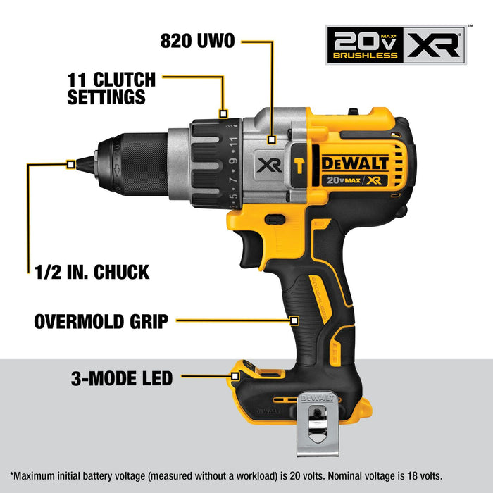 DeWALT 20V MAX XR(R) Brushless Cordless 3-Speed Hammer Drill/Driver (Bare Tool)