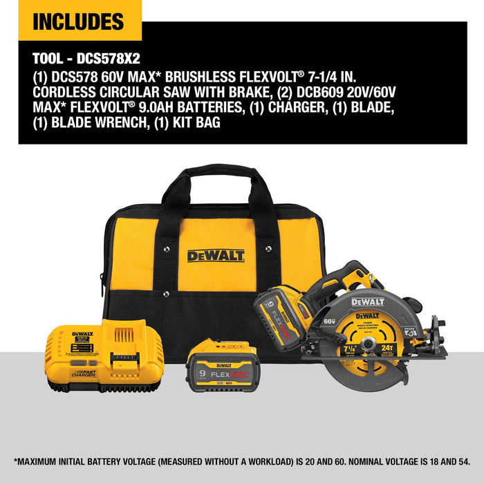 DeWALT (DCS578X2) 60V MAX FlexVolt 7-1/4 In. Circular Saw Kit with Brake Brushless