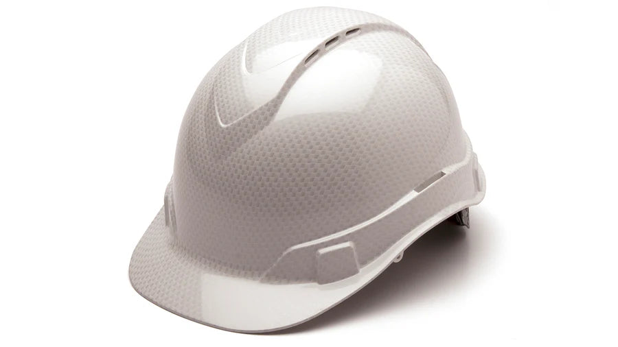 Pyramex Ridgeline Cap Style Hard Hat, Vented, 4-Point Ratchet Suspension, Shiny White Graphite Pattern