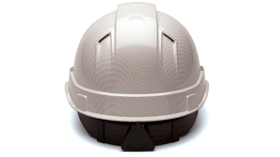 Pyramex Ridgeline Cap Style Hard Hat, Vented, 4-Point Ratchet Suspension, Shiny White Graphite Pattern